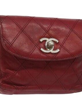 CHANEL Bicolore Waist Bag Lamb Skin Red Gold CC Auth bs26757